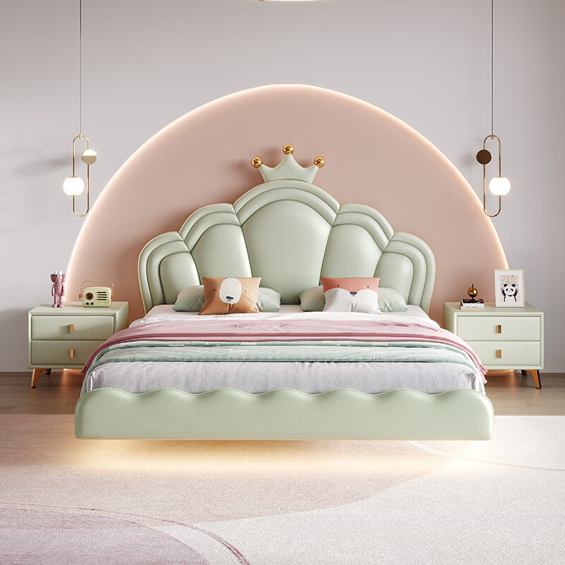 Cream style children's bed girl's dream internet celebrity princess bed cartoon cute shell crown leather girl's suspended bed bed + 20cmT333 fully disassembled spring latex mat + cabinet * 2 1500mm * 2000mm