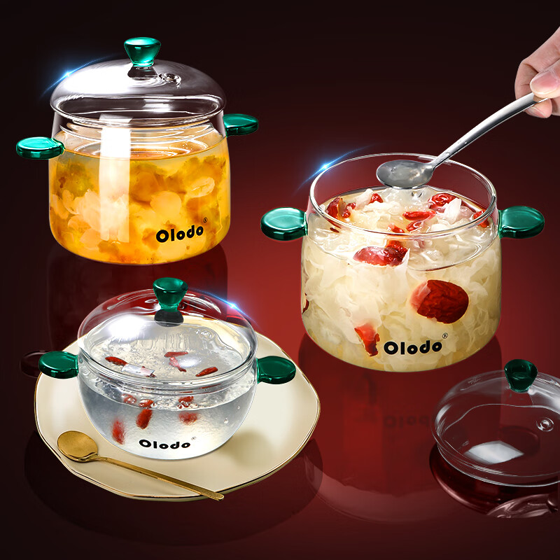 Olodo non-ceramic stew pot, transparent bird's nest cup, household high borosilicate glass soup cup, steamed egg stew pot, microwave oven, emerald green (medium size 450ml) high temperature resistant glass