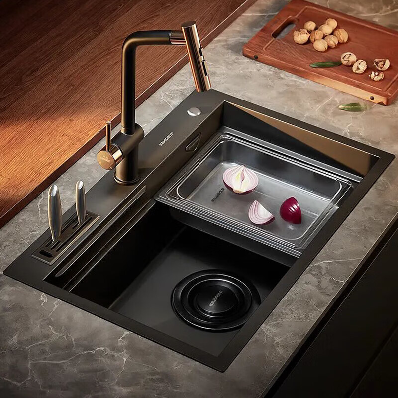 HIGOLD multifunctional nano sink 952357 thickened stainless steel large single sink 750*480*228 kitchen sink 952357 matte black + faucet 980128
