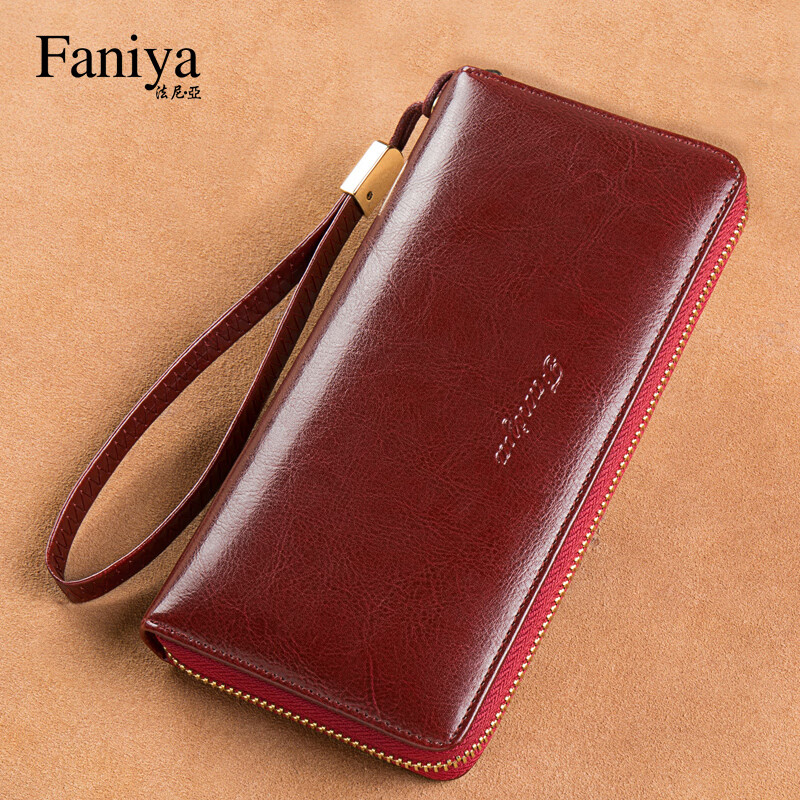 Fania Women's Wallet 2025 New Long Genuine Leather Women's Clutch Wallet Zipper Wallet Card Bag Clutch Bag Burgundy