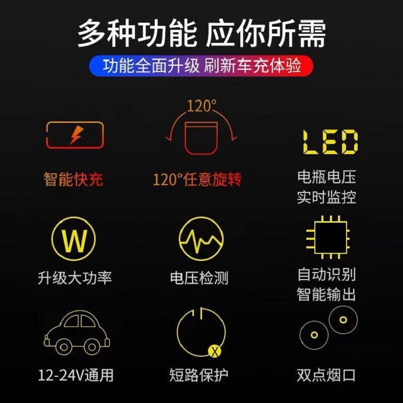 Beiteng car charger fast charging cigarette lighter conversion plug black folding digital display 65W flash charging QC3.0 one to four