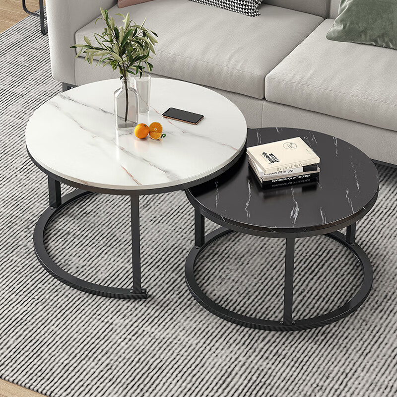 LEADTEK coffee table living room small apartment side table sofa light luxury small table modern simple round coffee table combination tea table tea table 70CM white + 50CM black + black frame bold and thick
