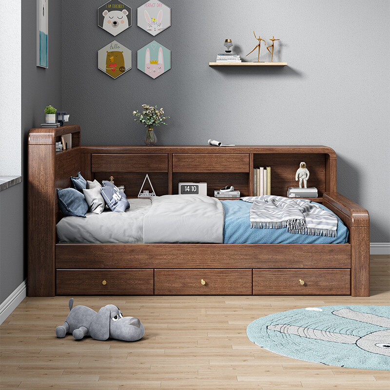 Chic Wood Language (BIEZHIMUYU) Walnut Bed New Chinese Bed Solid Wood Bed Teen Primary School Student Bedroom Luminous Storage Single Bed Storage Single Bed Single Bed + Drawer + Mattress + Bookshelf 1.2*2.0 meters (regular style)