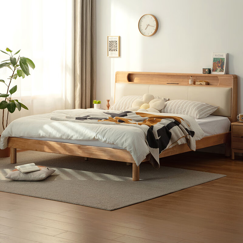 Lin's home solid wood bed double bed Nordic log style soft-packed bedside storage bed modern home master bedroom king bed PK9A solid wood color | row frame solid wood bed 1.5 meters x 2 meters
