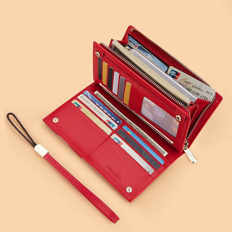 WILLIAMPOLO bag women's wallet women's mobile phone bag large capacity long genuine leather zipper handbag Chinese Valentine's Day gift for girlfriend red (genuine leather)