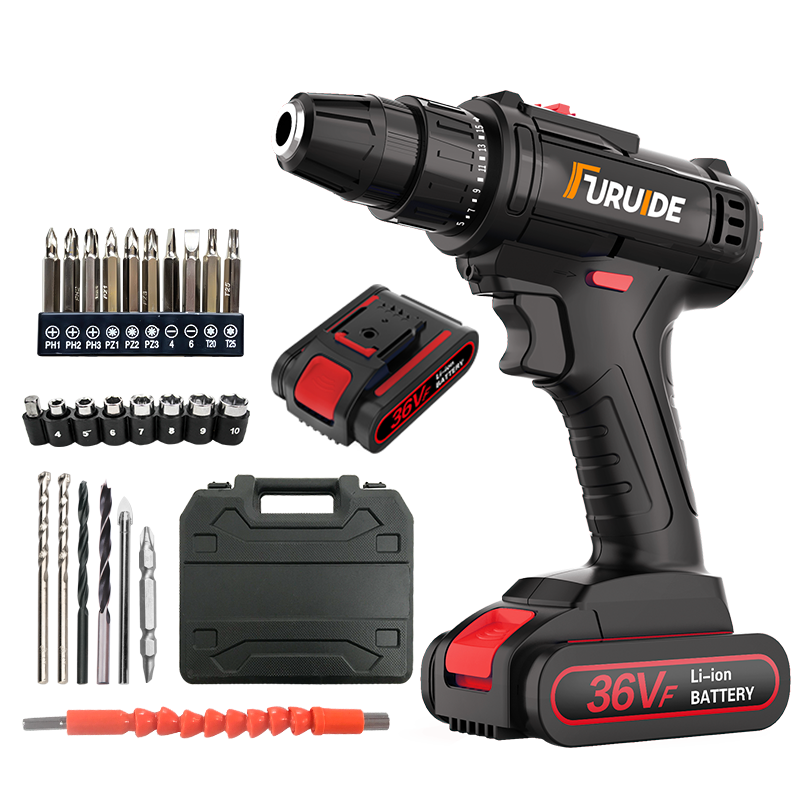 Fred Electric Drill Charging Drill Electric Screwdriver Hand Electric Drill Power Tools Hardware Tool Box Lithium Electric Drill Electric Screwdriver 36Vf Two Batteries and One Charge Luxurious Plastic Box