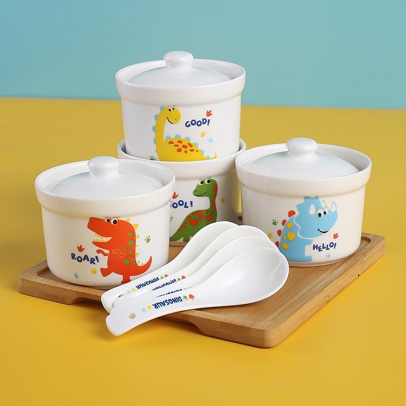 CiH Dinosaur ceramic water-proof stew pot with lid, inner pot steamed egg cup, household small soup cup, steam bowl with lid, 4 dinosaur straight stew pots + 4 spoons