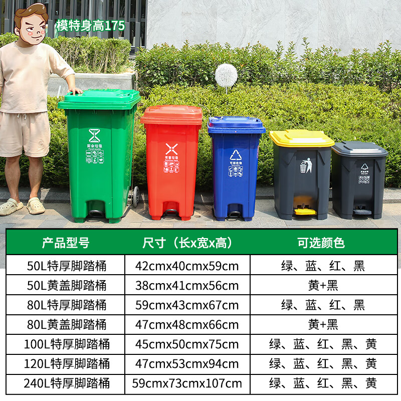 Kai Tak foot-operated classification trash can thickened cover with wheels commercial barrel property community sanitation large trash can kitchen dining foot-operated plastic barrel foot-operated type green (food waste) 240L capacity 73*59*107cm sanitation can be trailered