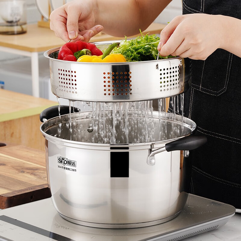 Shunda (SND) 304 stainless steel thickened double bottom Japanese steamer single layer multi-purpose soup pot steamer rice pot open flame induction cooker universal 1 layer 24cm