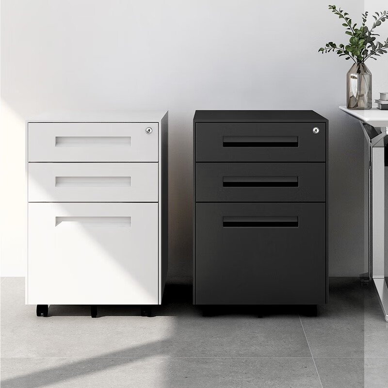 Rockefeller steel file movable cabinet three-drawer cabinet office storage low cabinet mobile iron cabinet with lock white