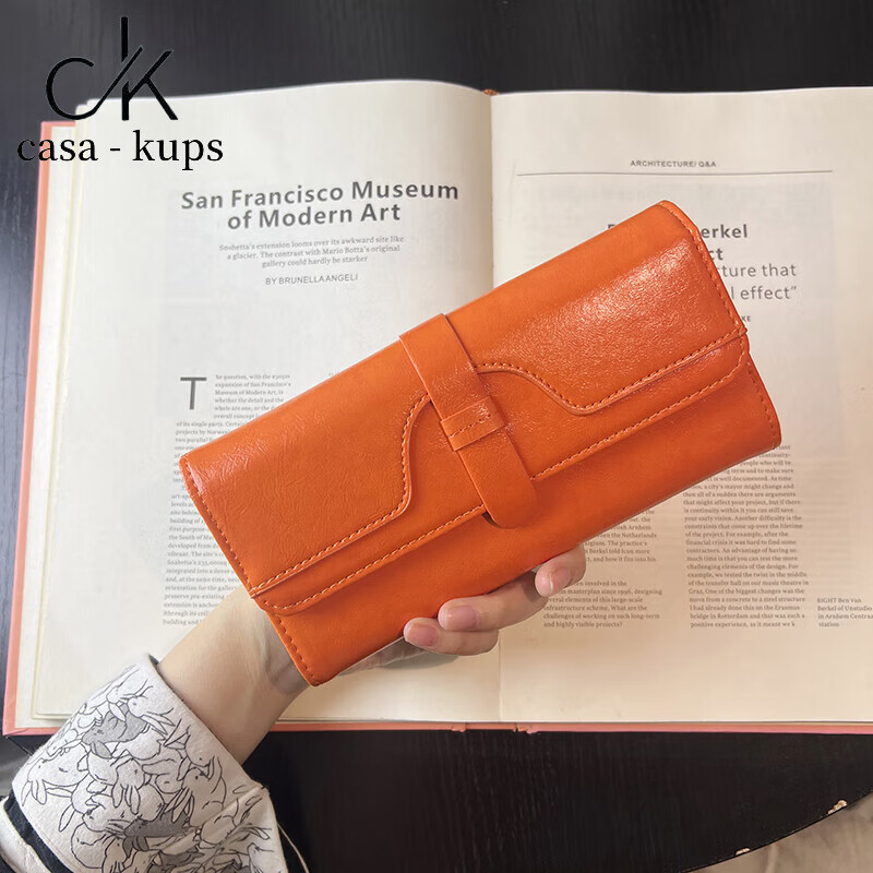 Casa-kupsCK women's bag light luxury simple women's wallet long clutch bag fashion oil wax leather three-fold buckle pure pink