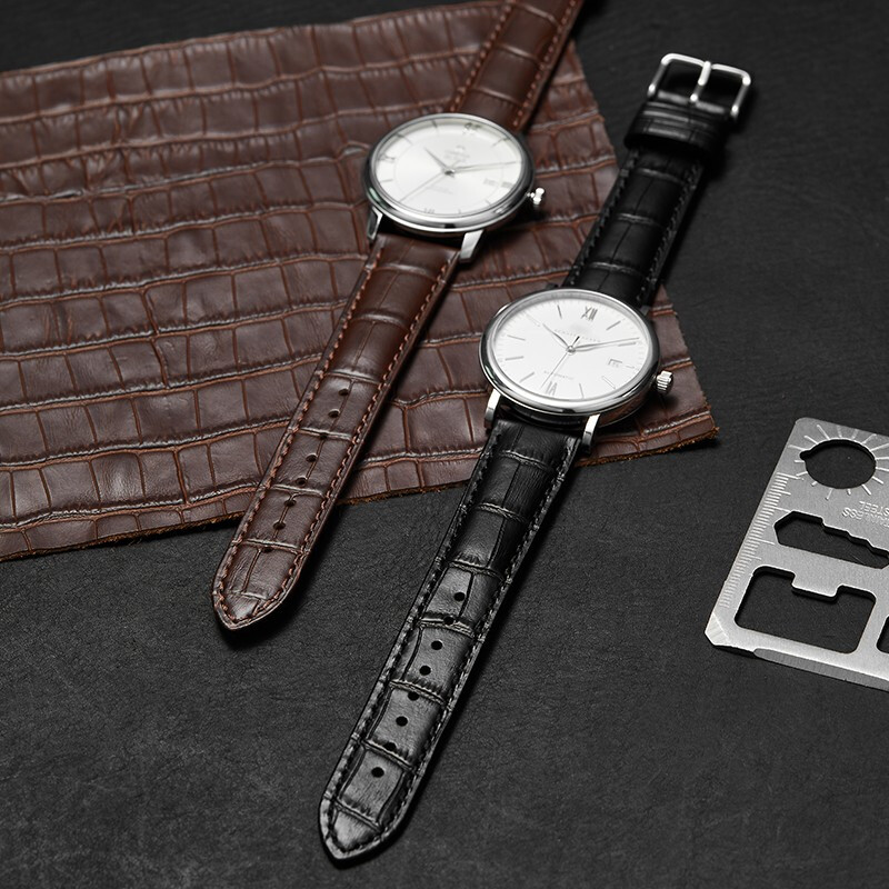 Istrap genuine leather watch strap for men and women with crocodile pattern cowhide suitable for Tissot, Longines, Mido, Citizen, Casio dw, Seiko Seagull, Fiyada, Armani watch with Leloc bracelet, dark brown same color line, silver pin buckle and dial interface width 14mm