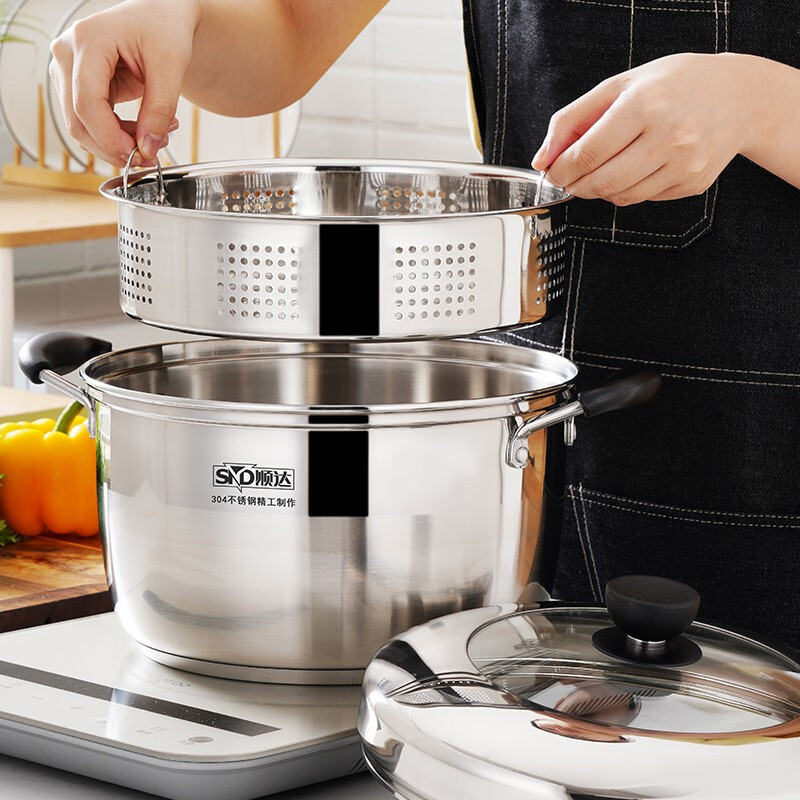 Shunda (SND) 304 stainless steel thickened double bottom Japanese steamer single layer multi-purpose soup pot steamer rice pot open flame induction cooker universal 1 layer 24cm
