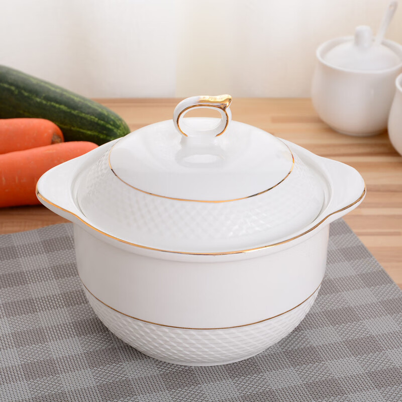 Nanluo Household Double-Ear Ceramic Soup Nest with Lid Creative Stew Cup Pure White Large Capacity Rice Soup Bowl Soup Basin Microwave Oven 2200ML Phnom Penh Ling Diamond Style with Perforated Lid + Spoon