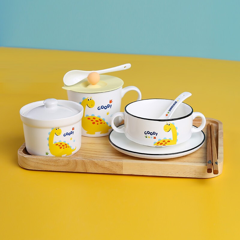 CiH Dinosaur ceramic water-proof stew pot with lid, inner pot steamed egg cup, household small soup cup, steam bowl with lid, 4 dinosaur straight stew pots + 4 spoons