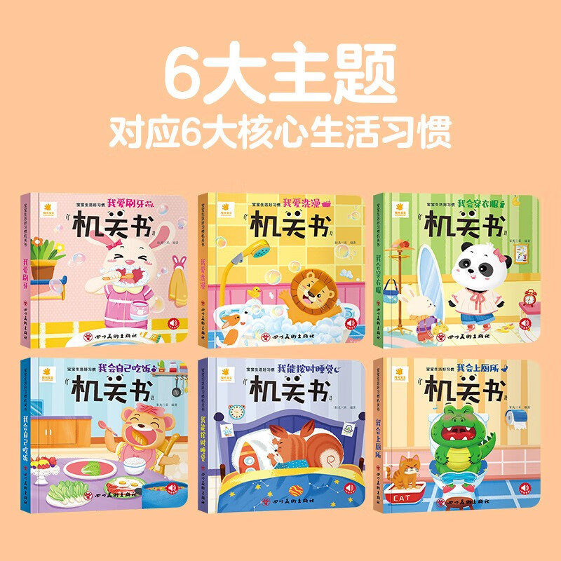 Sunshine Baby, Early Childhood Enlightenment, Turning the Hole Book, Finger Push and Pull Book, Children's Picture Book, 3D Three-dimensional Book, Educational Toy, Winter and Summer Vacation Reading Extracurricular Book, Book Festival Reading Book, Baby Good Habit Developing Machine Book (set of 6 volumes)