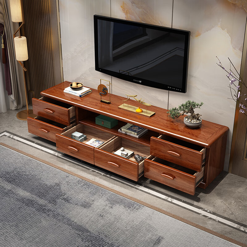 Hengyun TV cabinet golden walnut solid wood TV coffee table combination cabinet floor cabinet simple living room Chinese style boutique furniture 2.0m six-drawer TV cabinet golden walnut color