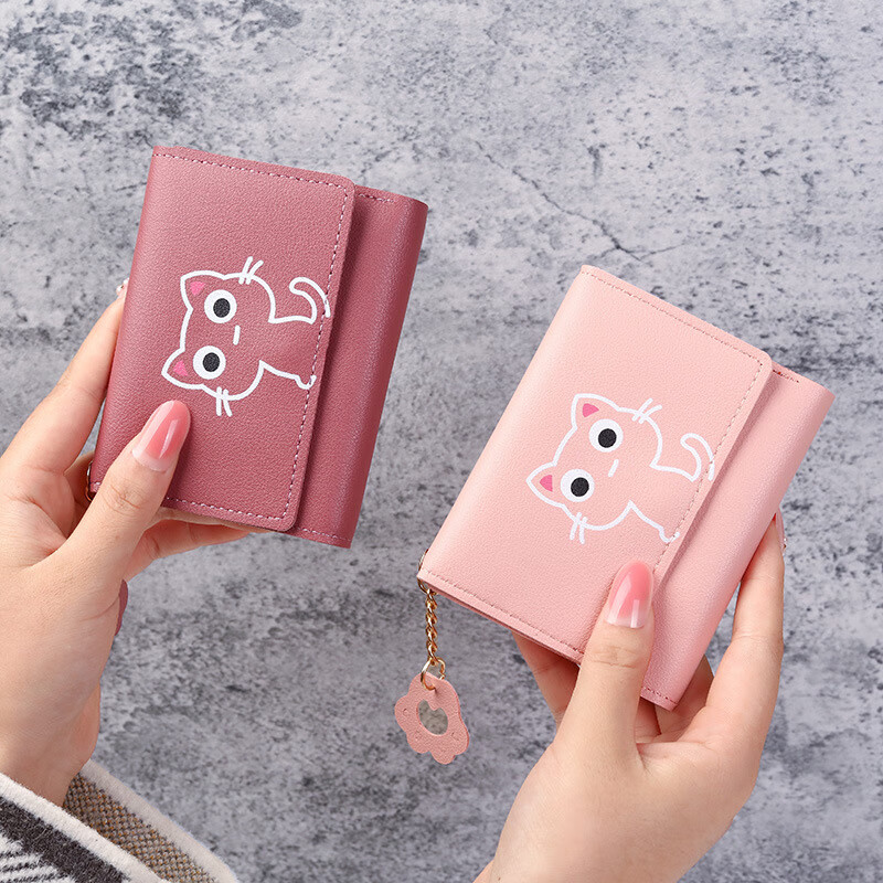 Changyin Cute Cartoon Wallet Women's Short Soft Leather Korean Style Fashion Tri-fold Buckle Small Fresh Student Coin Clip Multiple Card Slots Dark Pink