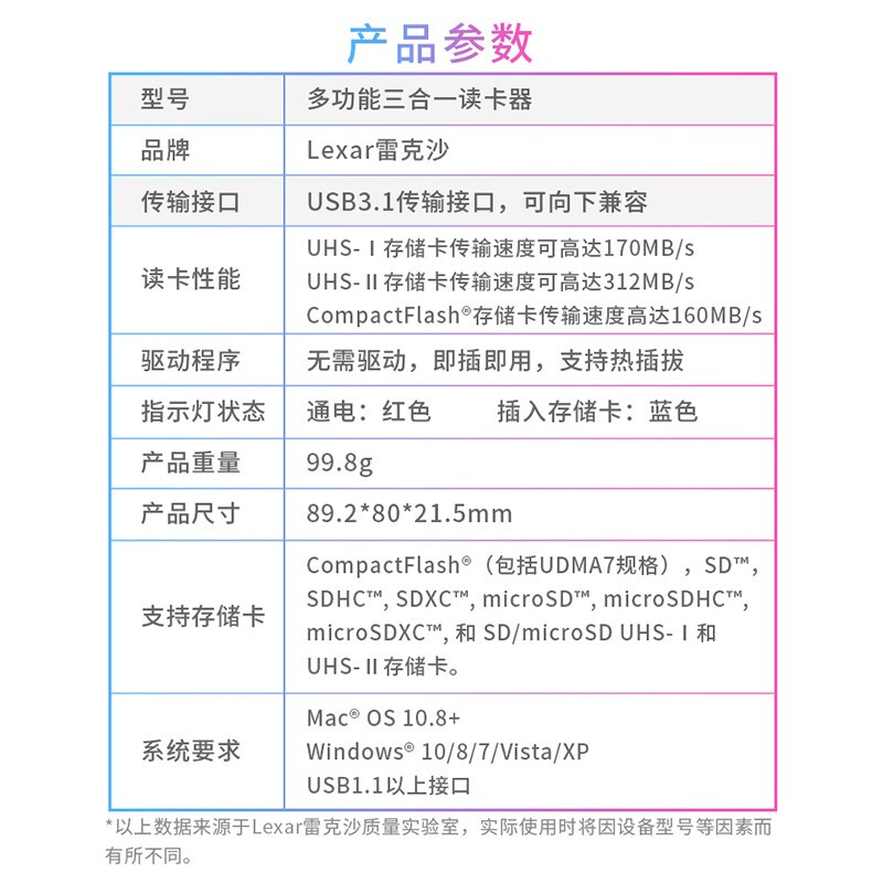 Lexar USB3.1 high-speed card reader TF/SD/CF multi-function three-in-one supports UHS-II reading, suitable for camera driving monitoring memory card, multi-card, multi-read