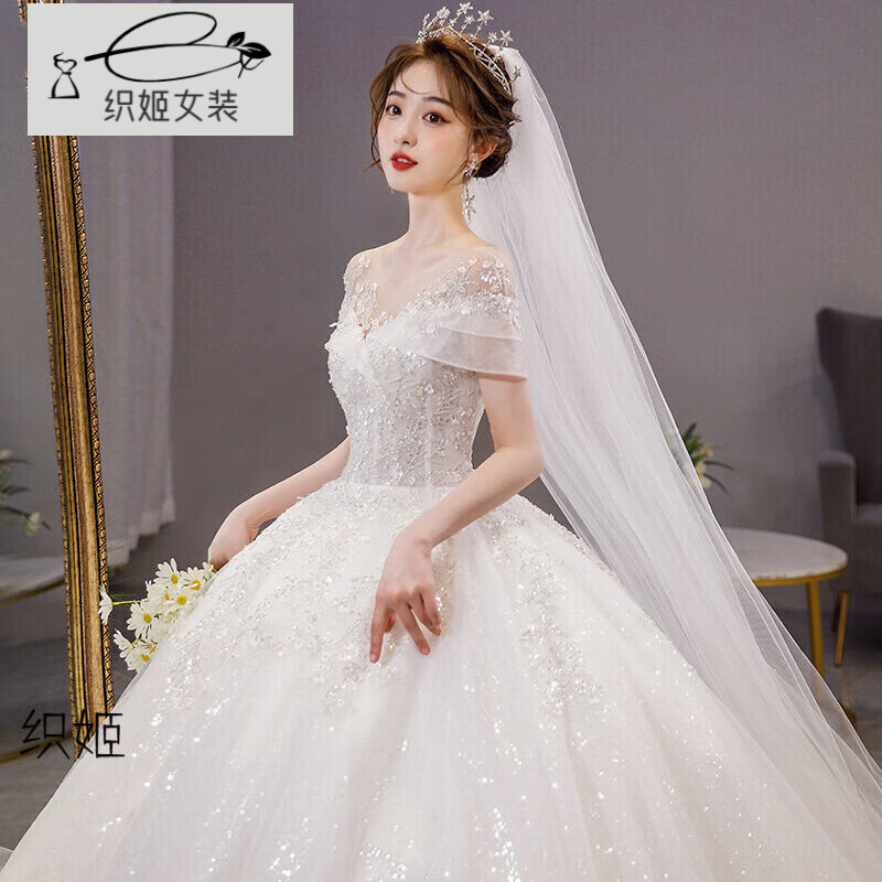 Orihime one-shoulder light wedding dress 2025 new temperament main yarn bride summer cover thick arms floor-length large tail princess style floor-length style standard mid-waist veil bustle one size M size recommended under 100 pounds