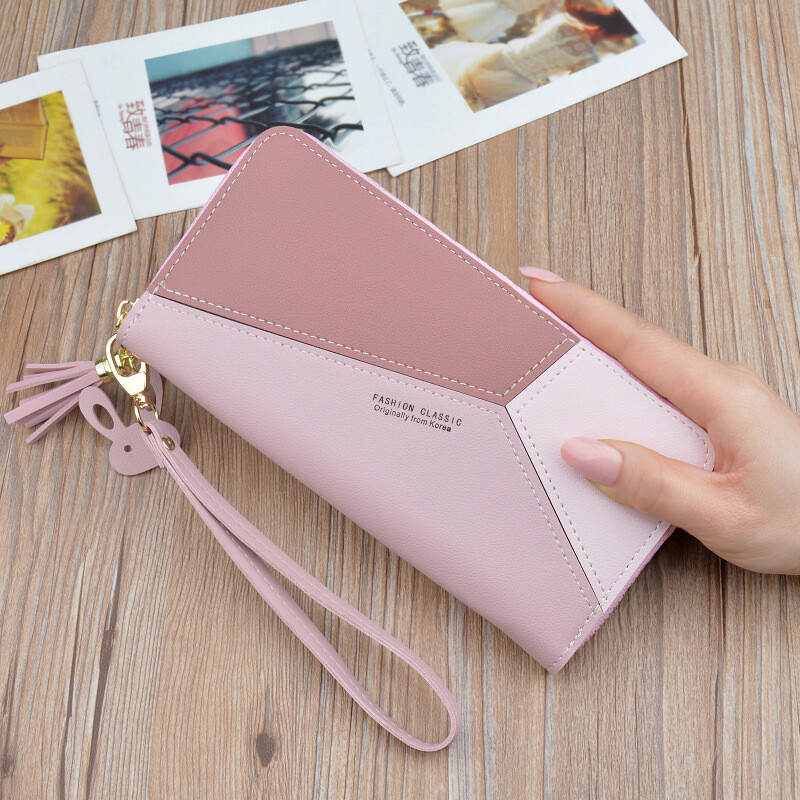 SHU GUO ER Japanese and Korean women's wallet women's long zipper tassel splicing clutch bag large capacity new student wallet mobile phone bag pink