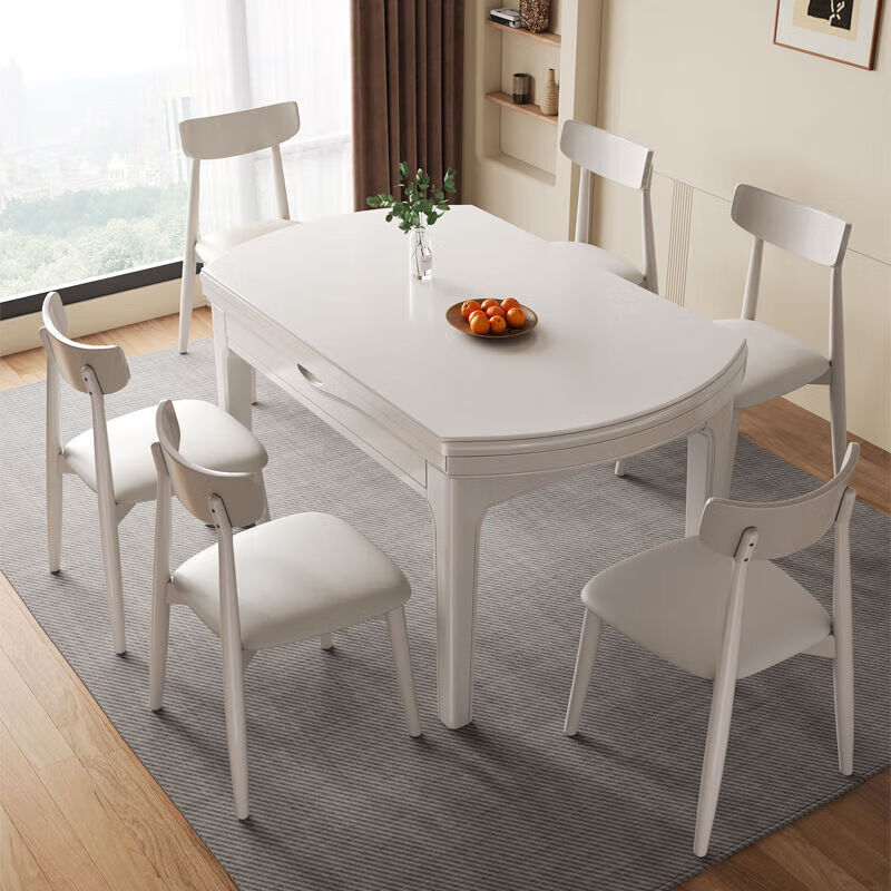 Cream slate dining table and chairs dining table combination retractable square and round modern solid wood simple small household table pure white matte + 1.18m single dining table