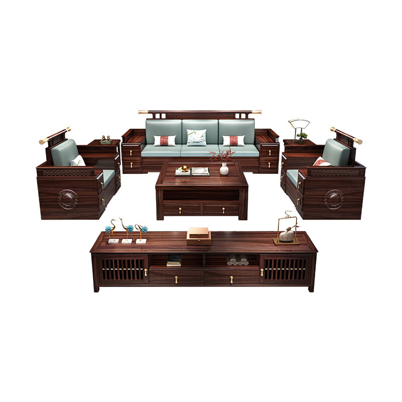 No. 1 Haoting ebony solid wood sofa new Chinese style sofa for winter and summer use modern Chinese sofa living room complete set of furniture B661 1+2+3+square coffee table+square table*1+TV cabinet storage style ebony wood+breathable cotton and linen cushions