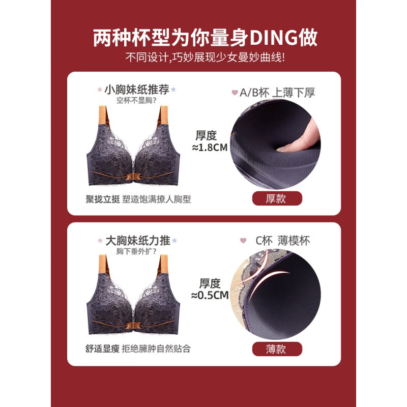 Langsha front-button underwear for women with small breasts, gathering side breasts, anti-sagging, no rims, beautiful back bra set 2025 new style, red single piece 32/70A