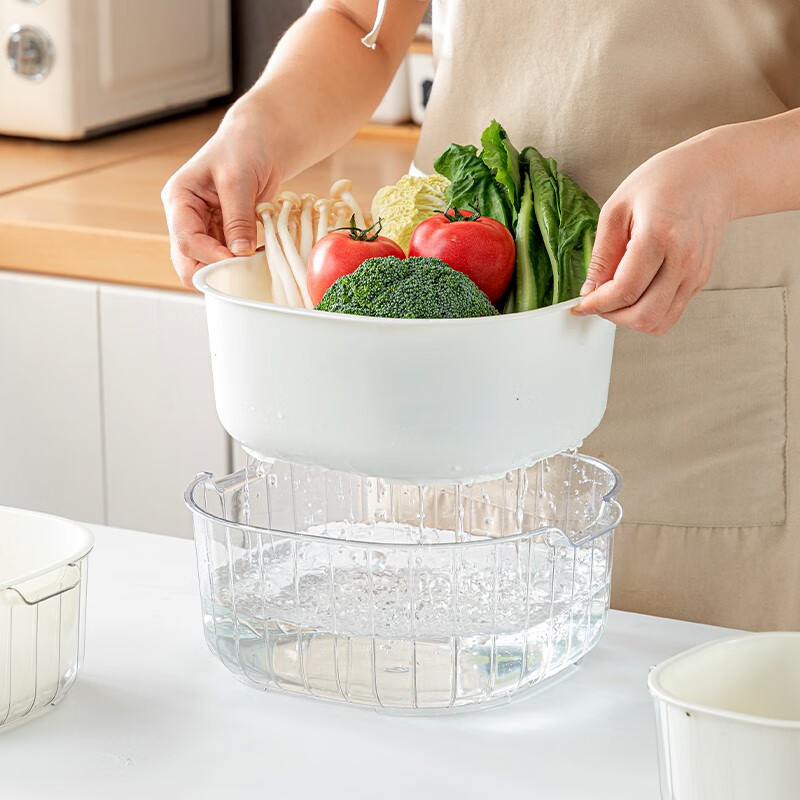 Home KATEI STORY Japanese vegetable basket drain basket plastic double-layer vegetable basin kitchen drain basket fruit basket thickened leaking basin vegetable basin white 3 sets 6 pcs