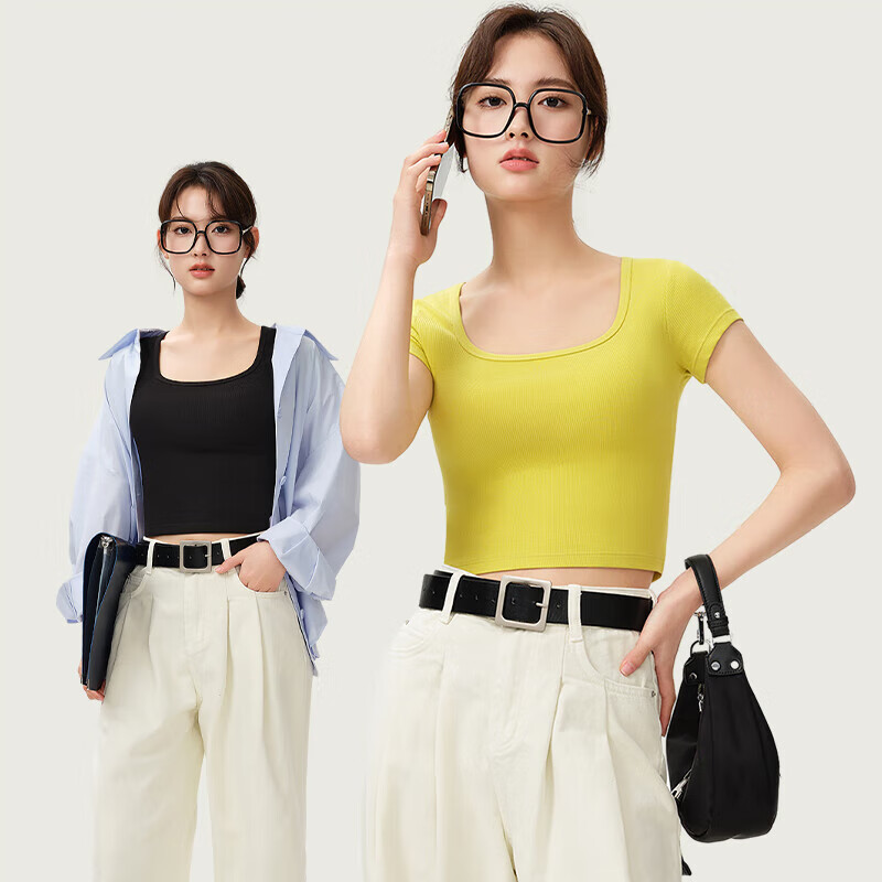 Jianyun modal cotton short-sleeved t-shirt women's thin square collar crop top short inner layering shirt base layer four seasons