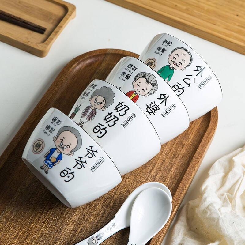 Xiderun Bowl Family Family Parent-Child Set Family of Four Cute Rice Ceramic Family Dining Set 6 pcs Remarks required, random delivery if no remarks