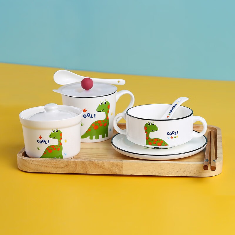 CiH Dinosaur ceramic water-proof stew pot with lid, inner pot steamed egg cup, household small soup cup, steam bowl with lid, 4 dinosaur straight stew pots + 4 spoons