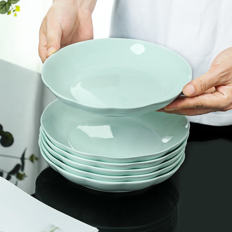 Tao Xianghui plate ceramic home deep plate 4 sets microwave dinner plate rice plate soup plate 8-inch dish shadow celadon plate