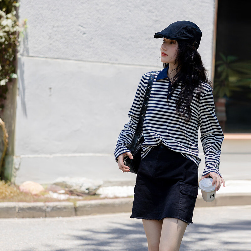 Demana New Interpretation of Stripes 100% Cotton Fresh Contrast Color Striped Polo Collar Versatile Women's T-Shirt Navy L