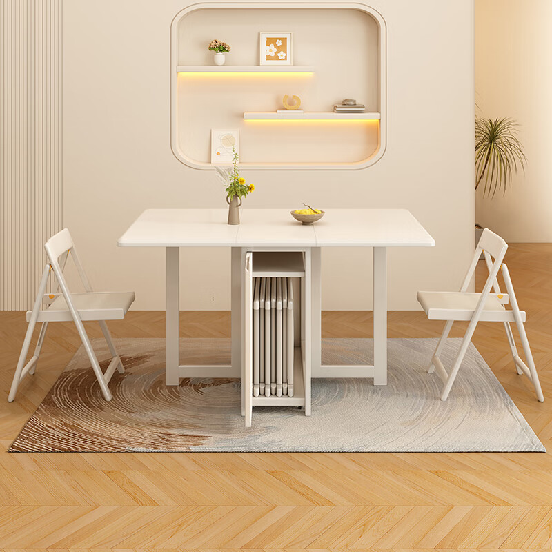 Senneng solid wood folding dining table and chair combination small apartment retractable dining table multi-functional cream style white stowable folding table 1.4m single dining table + sideboard + chair *2