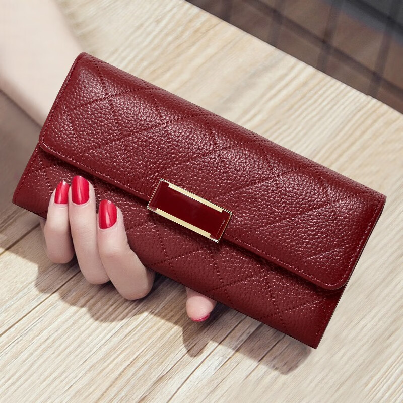 Sephoron New Year Pure Cowhide Long Hand Wallet Women's 2026 New Genuine Leather Large Capacity Wallet for Mobile Phone Wallet Burgundy