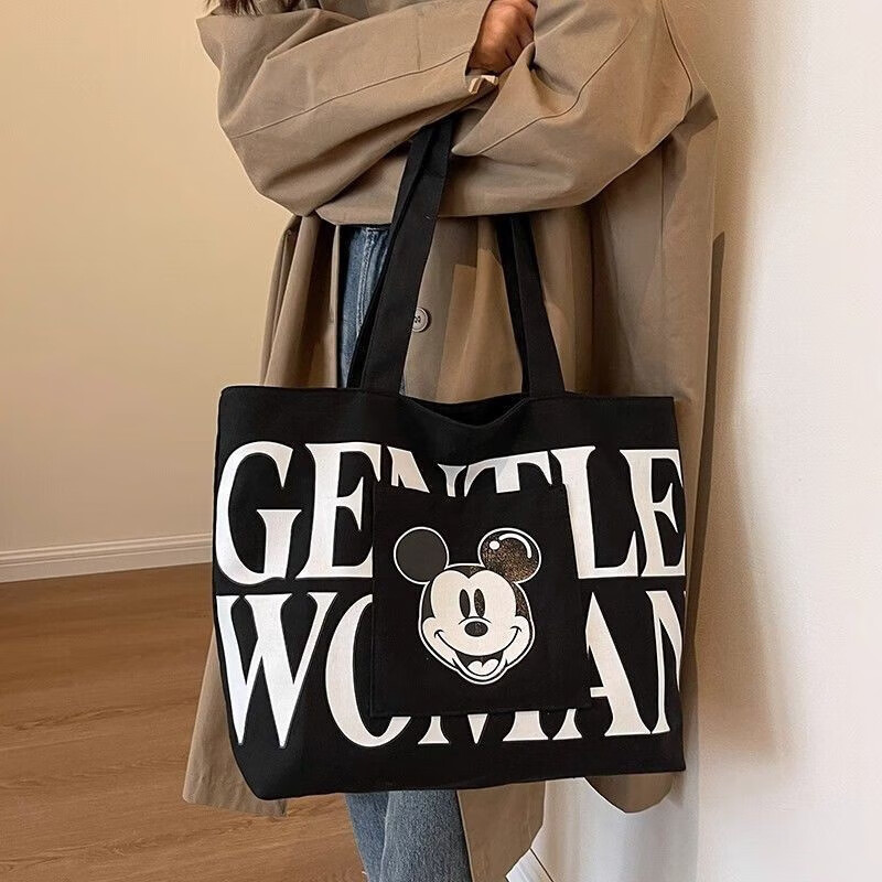 Large-capacity tote bag for women, Japanese cartoon canvas bag, versatile shoulder bag, beige medium bag