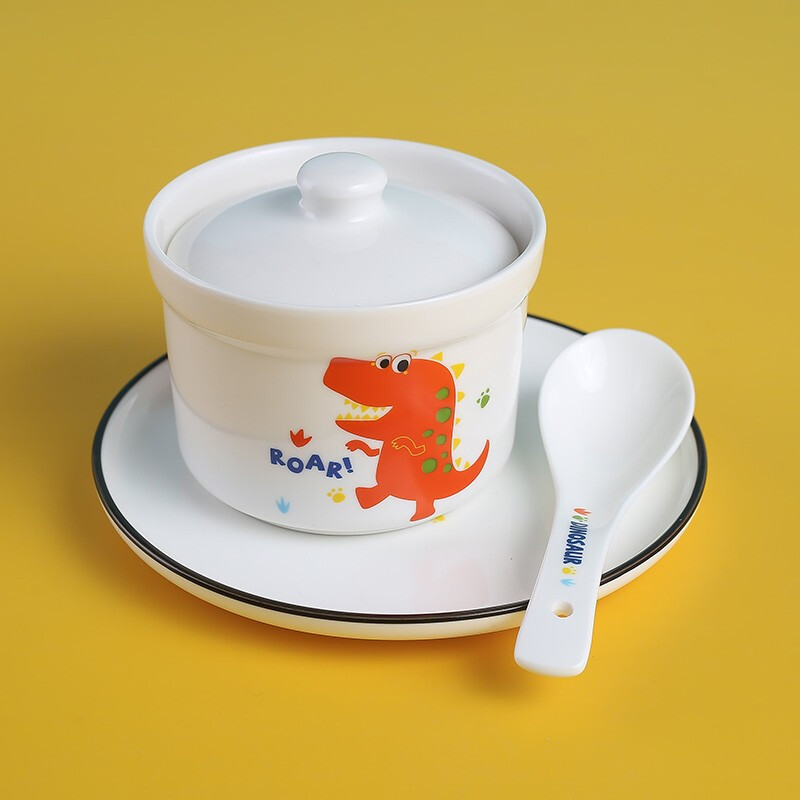 CiH Dinosaur ceramic water-proof stew pot with lid, inner pot steamed egg cup, household small soup cup, steam bowl with lid, 4 dinosaur straight stew pots + 4 spoons