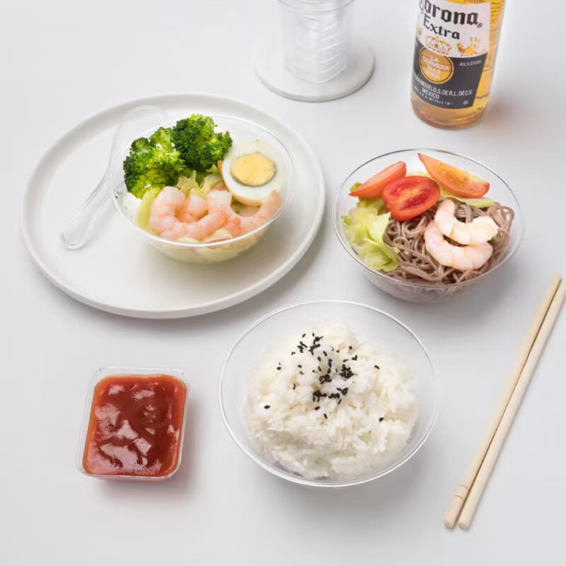 Shenfu disposable tableware and chopsticks set combination hard plastic barbecue bowl thickened aviation crystal dishes horn space bowl 10-person set crystal style (1 pack)