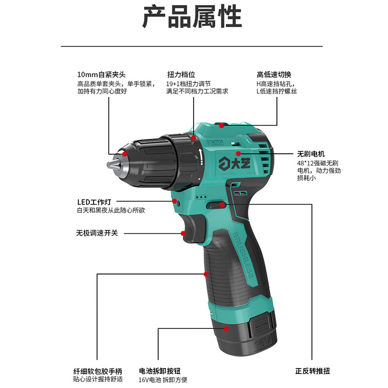 Dayi Rechargeable Drill Brushless Q3-3305S Hand Electric Drill Home and Industrial Dual-Purpose Dual-Speed Rechargeable Multi-Function Flashlight Q3-3305SEA Two Batteries and One Charge Standard 2.0Ah