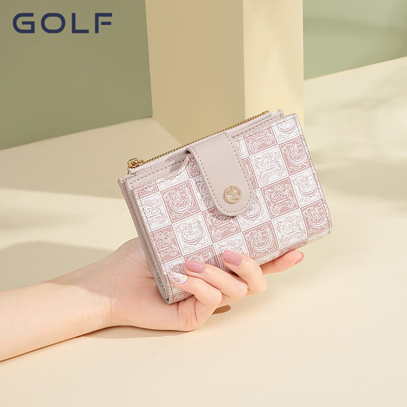 Golf (GOLF) short wallet for women, fashion print, women's coin purse, multi-card slot bag, women's bag, versatile clutch bag, gift box, pink apricot color with beige color