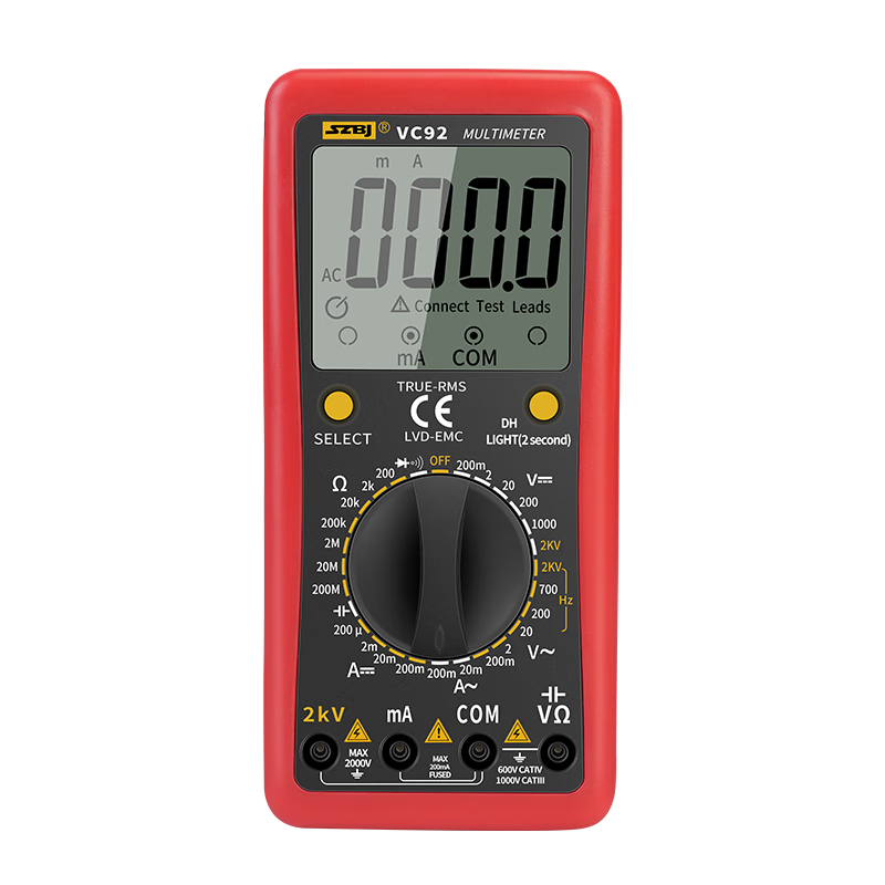 SZBJ-VC92 AC and DC voltage 2000V mining digital multimeter with digital display and large screen intelligent anti-burn universal high voltage meter VC92 multimeter (standard configuration) AC and DC 2000V