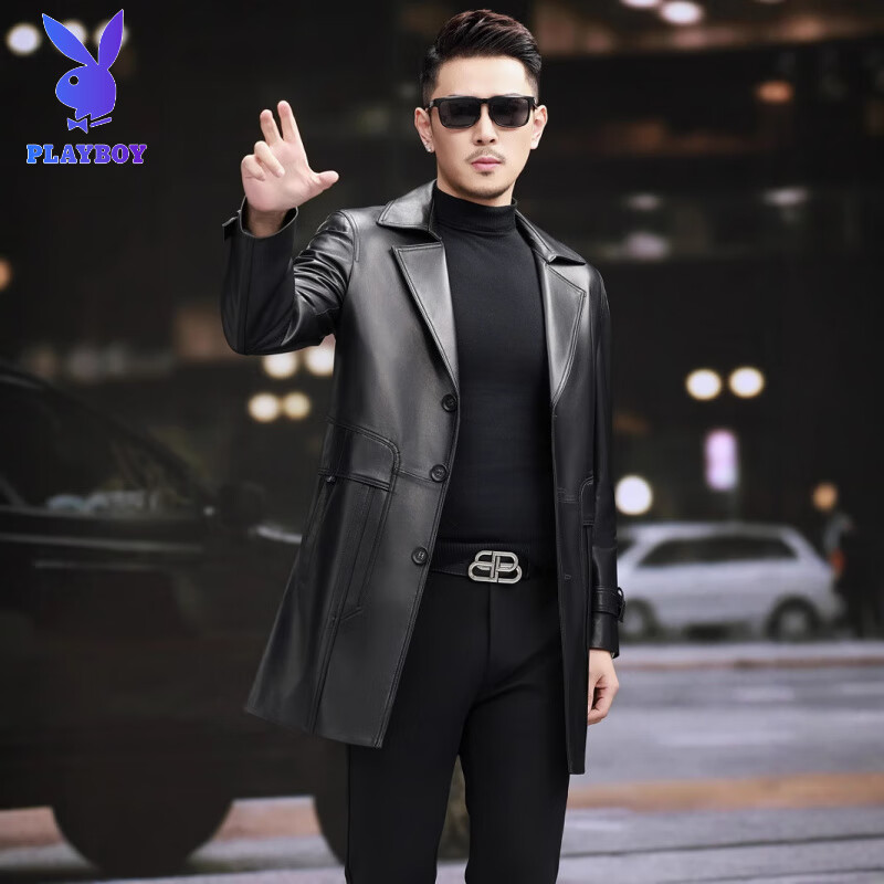 Playboy (PLAYBOY) Spring and Autumn New Men's Genuine Leather Jacket Mid-Length Windbreaker Business Casual Temperament Jacket Korean Slim Coat Black XL 115 Jin-130 Jin