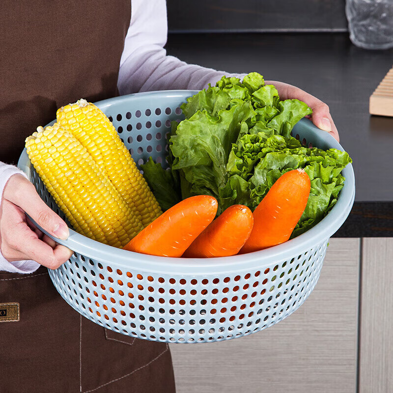 Tanqi kitchen drain basket plastic fruit washing sieve vegetable sieve household vegetable basin extra thick round hollow vegetable basket three-piece set pastoral powder large single (41cm)