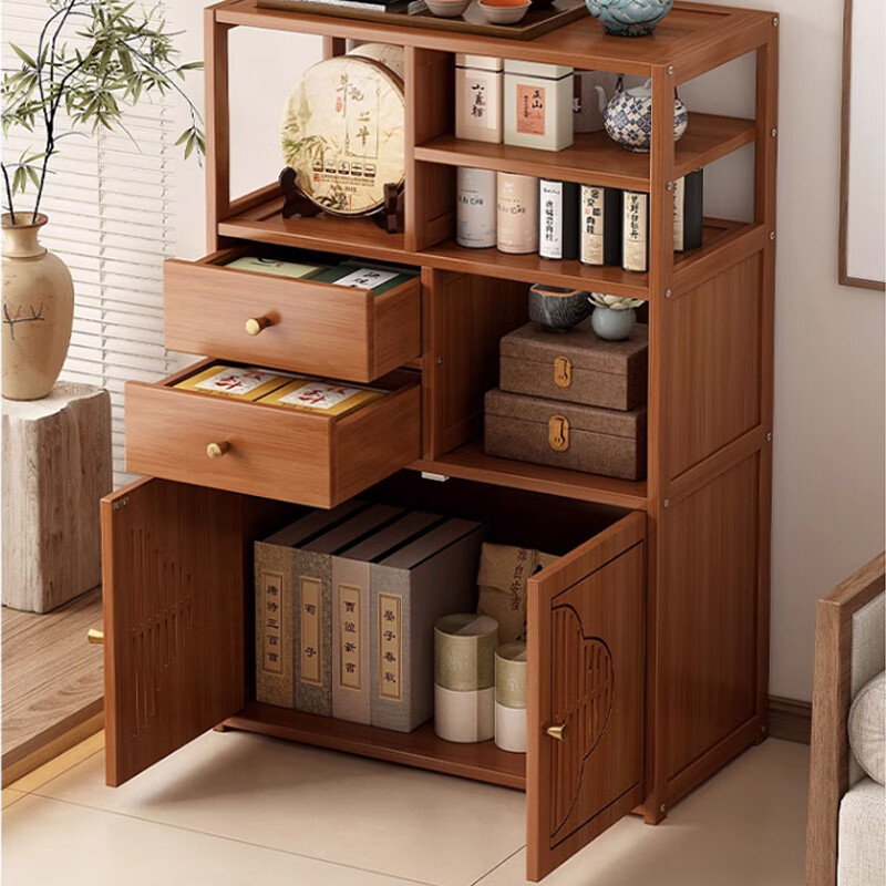 Chunsha Bogu rack solid wood Chinese tea cabinet storage rack tea set tea rack tea table desktop tea display rack small Duobao Pavilion 35 long five-layer single door double drawer multiple storage no specifications
