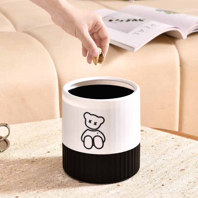 Fanxi Nordic Round Mini Coverless Desktop Trash Can Coffee Table Living Room Office Study Desk Children's Trash Can Ivory White Bear