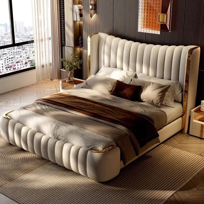 MLLHHCO German brand American light luxury master bedroom leather bed high-end atmospheric double white piano key second bedroom storage wedding bed leather bed + 9D polymer independent spring cushion 2000mm*2200mm frame structure