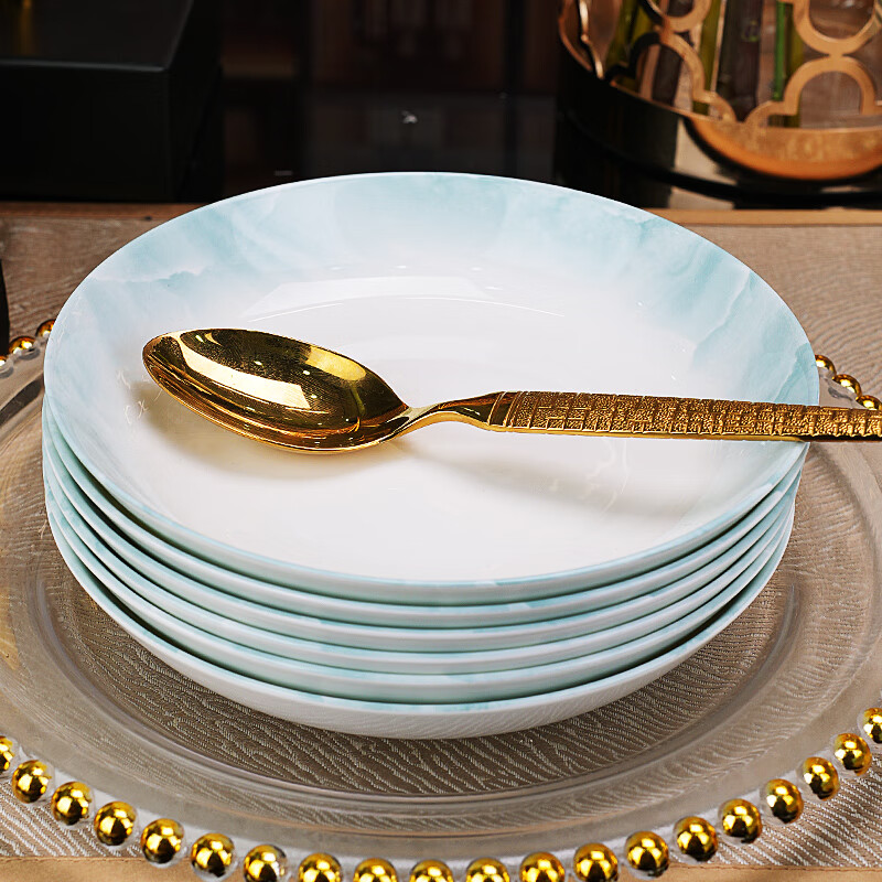 Guoyue Jingdezhen bowls and plates, light luxury underglaze color dinner plates, household ceramic rice plates, bone china dishes, simple Western dinner plates, Yunjin Wanli 8-inch deep plates, 4 pieces