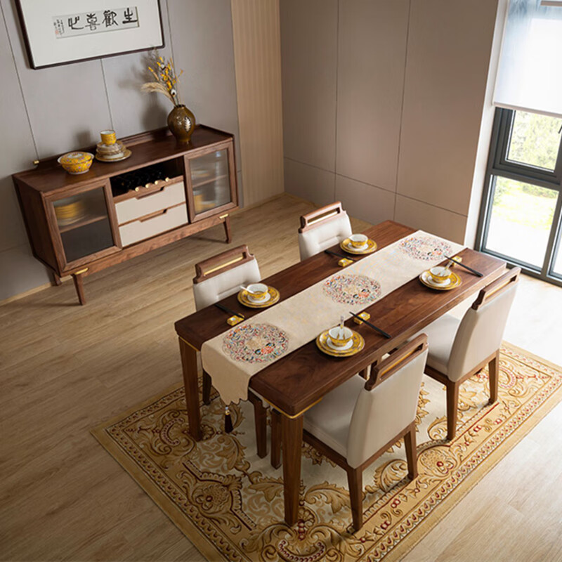Chu Hengli Royal North American black walnut solid wood dining table and chair combination solid brass light luxury new Chinese style furniture modern sideboard 1.4m black walnut dining table