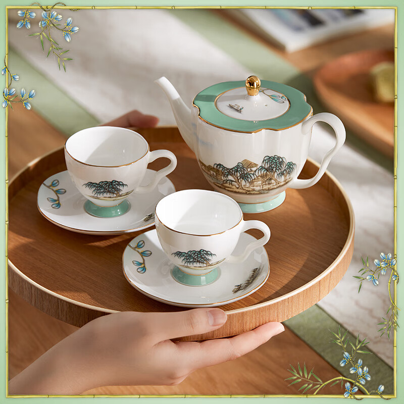Magalonte New Year's gift West Lake Feast 6-head showerhead bone china tea set cup coffee cup and saucer with teapot